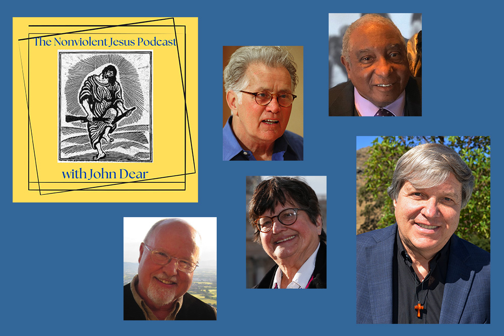 Photos, clockwise from top center: Martin Sheen (CNS/Bob Roller); Bernard Lafayette (Wikimedia Commons); John Dear (Courtesy of John Dear); St. Joseph Sr. Helen Prejean (CNS/Paul Haring); Franciscan Fr. Richard Rohr (CNS/Courtesy of Franciscan Media)