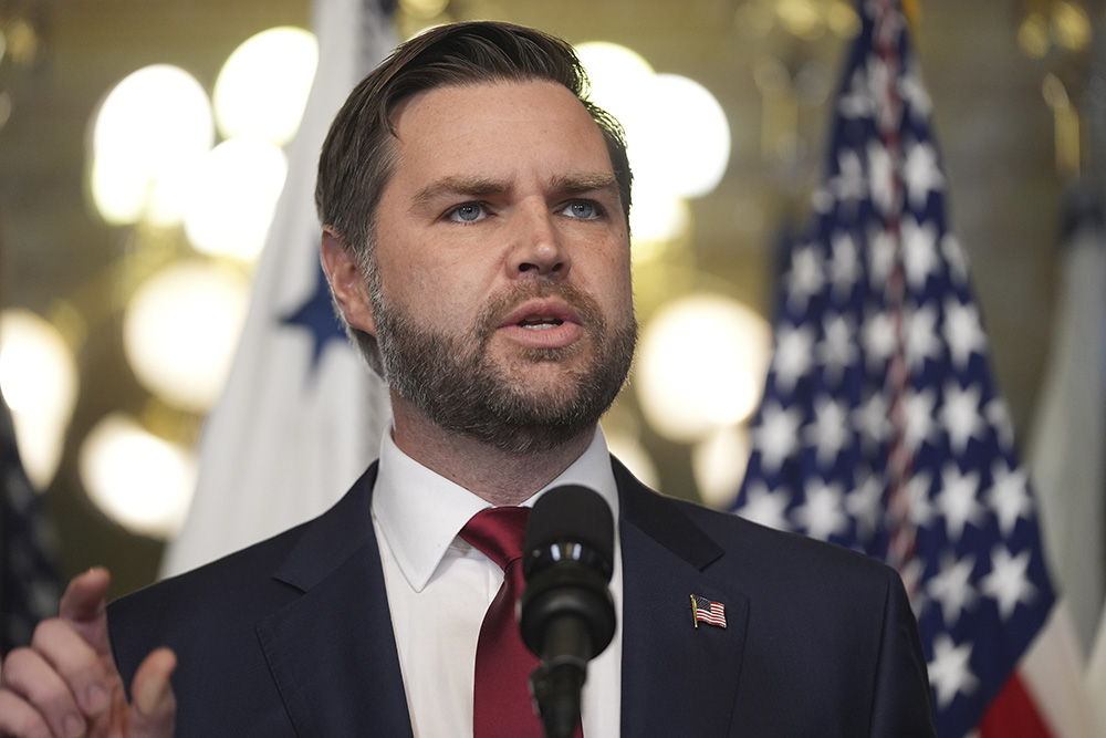 Vice President JD Vance speaks before swearing in Secretary of State Marco Rubio in the Vice Presidential Ceremonial Office in the Eisenhower Executive Office Building on the White House campus, Jan. 21, 2025, in Washington. (AP Photo/Evan Vucci)