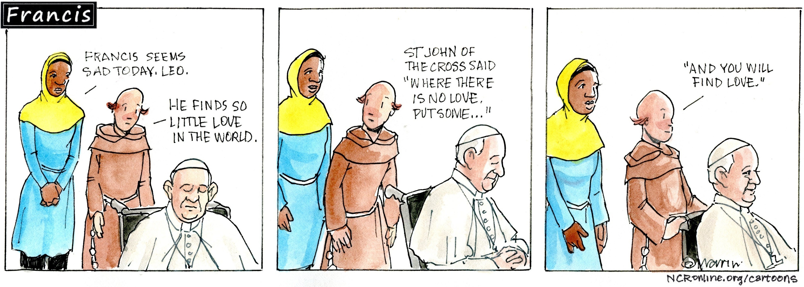 Francis, the comic strip: With so little love in the world, Brother Leo helps Francis find some.