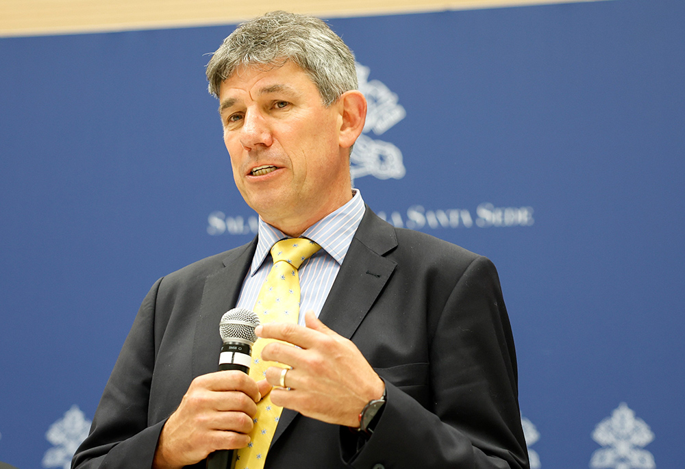 Alistair Dutton, then-new secretary-general of Caritas Internationalis, speaks to reporters during a news conference at the Vatican press office May 16, 2023. (CNS/Lola Gomez)