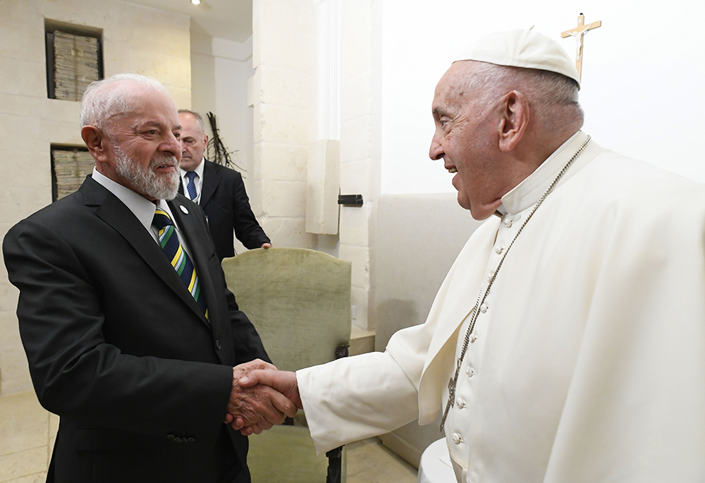 Pope Francis and Brazilian President Luiz Inácio Lula da Silva meet privately on the margins of the Group of Seven summit in Borgo Egnazia, in Italy's southern Puglia region, on June 14, 2024. (CNS/Vatican Media)