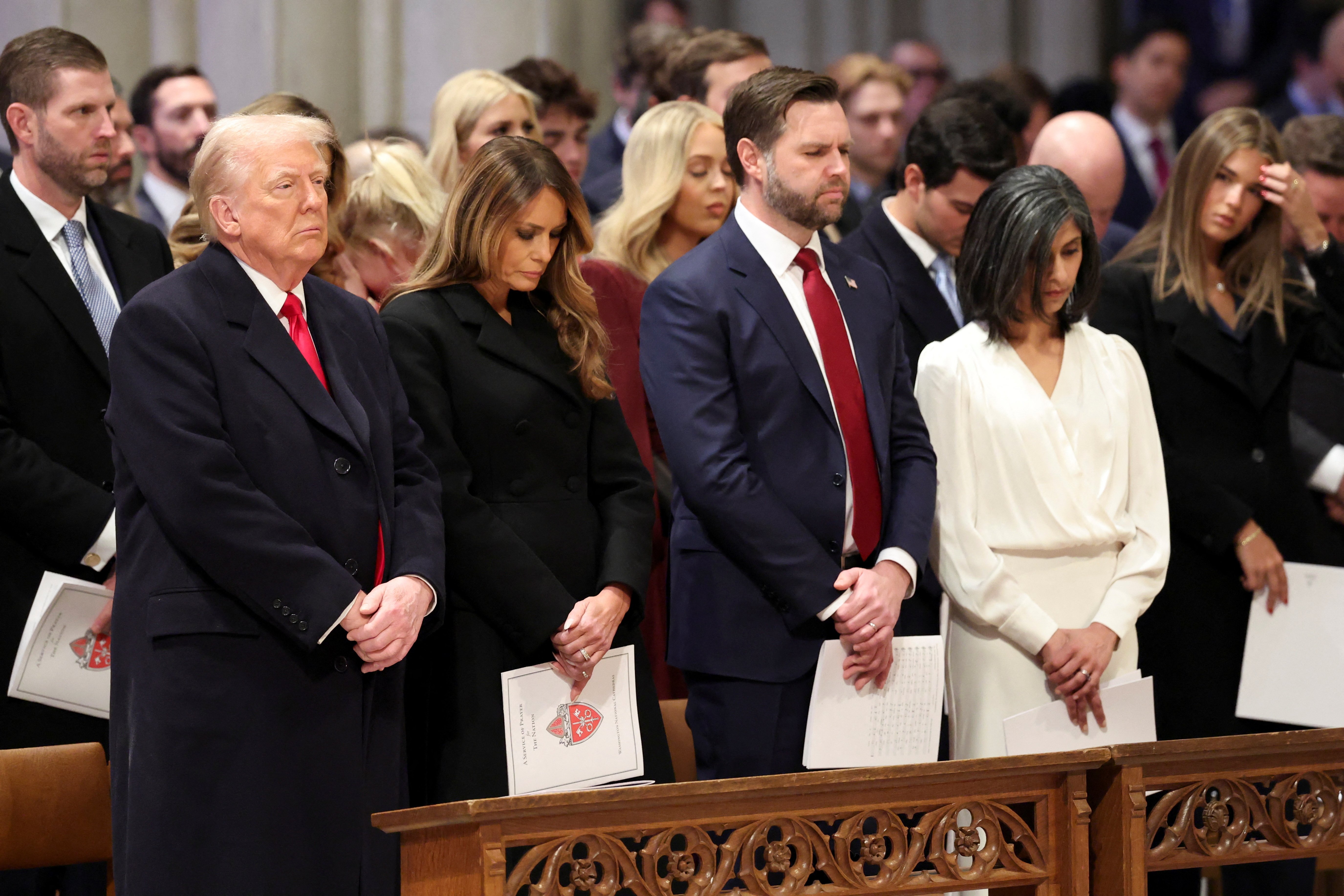 U.S. President Donald Trump, first lady Melania Trump, Vice President J.D. Vance and second lady Usha Vance attend the national prayer service at the Washington National Cathedral Jan. 21, 2025, the day after Trump was sworn in for his second term as the 47th president of the United States. (OSV News photo/Kevin Lamarque, Reuters)