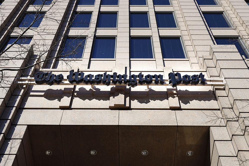 The One Franklin Square Building, home of The Washington Post, in downtown Washington is shown, Feb. 8, 2019. (AP File Photo/Pablo Martinez Monsivais)