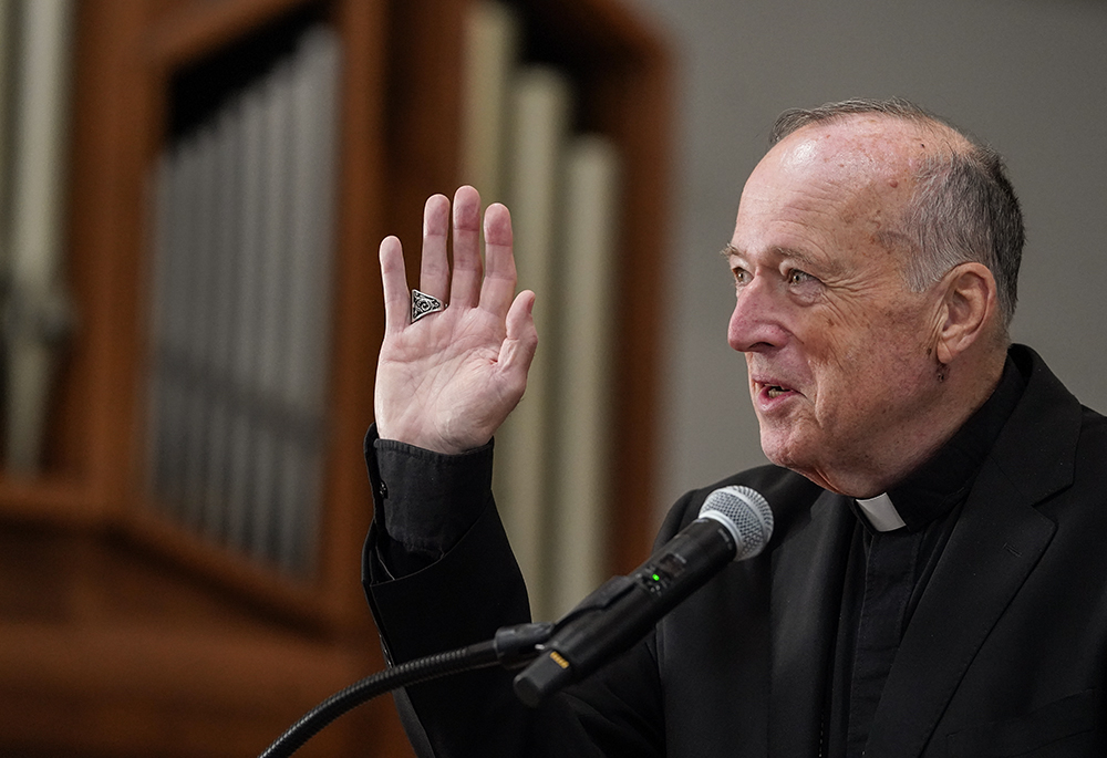 Cardinal Robert McElroy addresses reporters Feb. 27 at the San Diego Archdiocesan Pastoral Center in his final news conference as San Diego's Catholic spiritual leader.(NCR photo//Chris Stone)