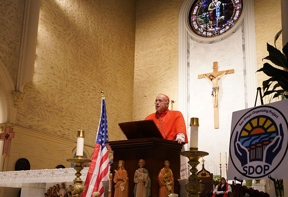 San Diego Cardinal Robert McElroy speaks during a prayer service for immigrants at the Cathedral of St. Joseph in San Diego on Feb. 9. (NCR photo/Chris Stone)