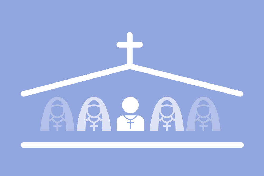 Five people, four with veils under a roof with a cross on top (GSR illustration/Olivia Bardo)