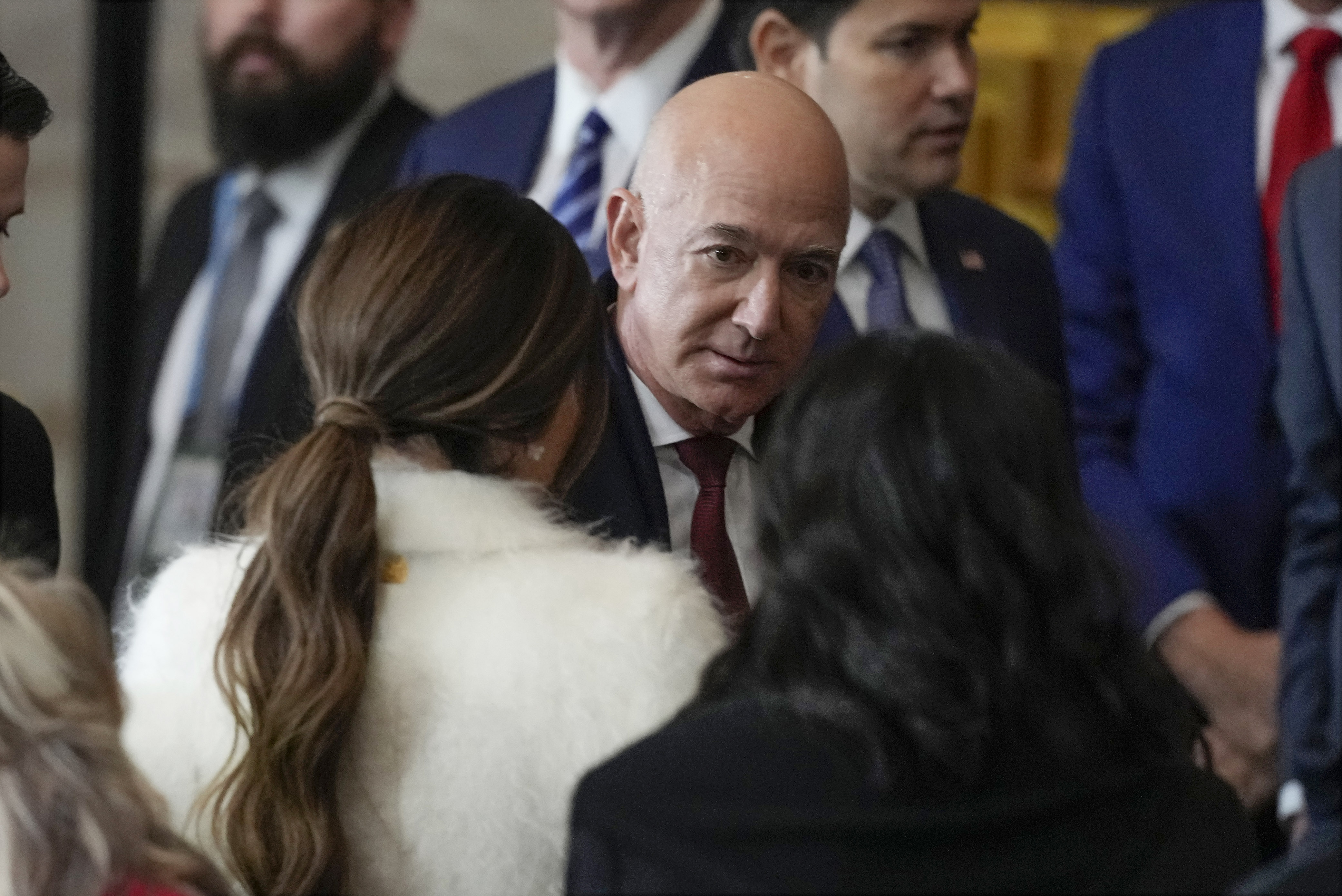 Jeff Bezos arrives before the 60th Presidential Inauguration in the Rotunda of the U.S. Capitol in Washington, Jan. 20, 2025. (AP Photo/Julia Demaree Nikhinson, Pool)