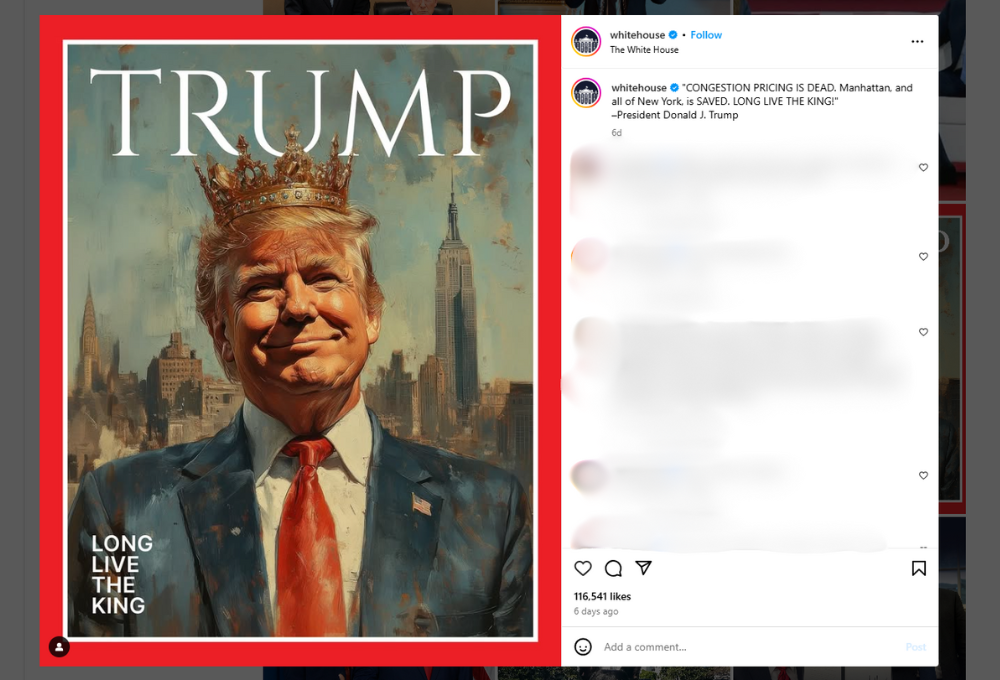 On Feb. 19, the official White House Instagram account posted a picture reminiscent of a Time magazine cover, with "Trump" across the top of a stylized image of a smiling Donald Trump wearing a crown. The bottom left reads, "Long live the king." (NCR screengrab/Instagram)