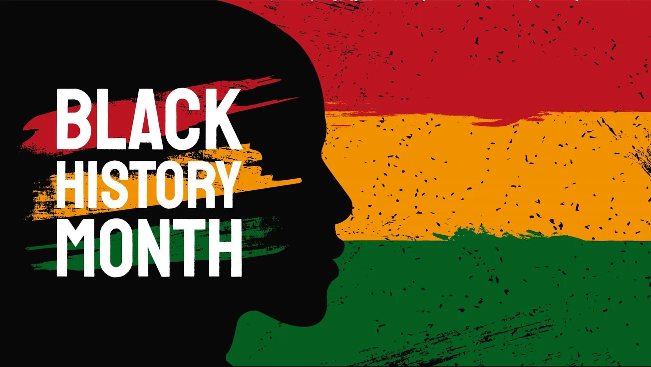 Graphic with face profile against red, orange and green background, emblazoned with words "Black History Month" in white all-caps, non-serif print.