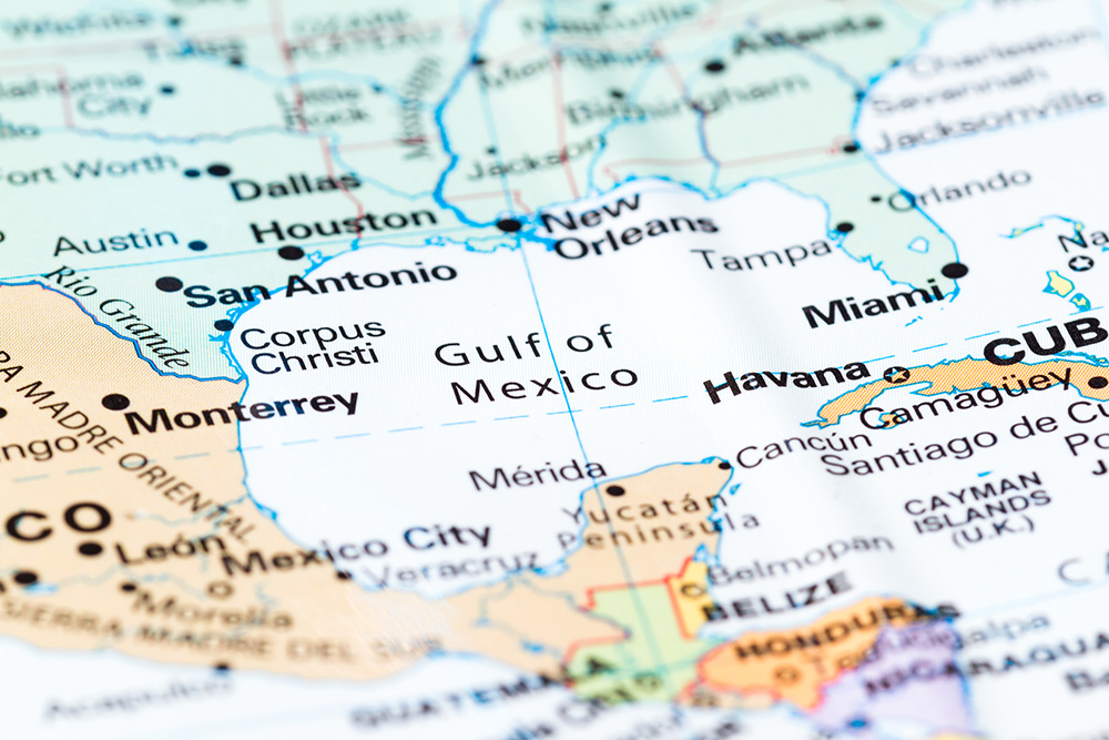 Photo of map with focus on the Gulf of Mexico (Dreamstime/Wollertz)