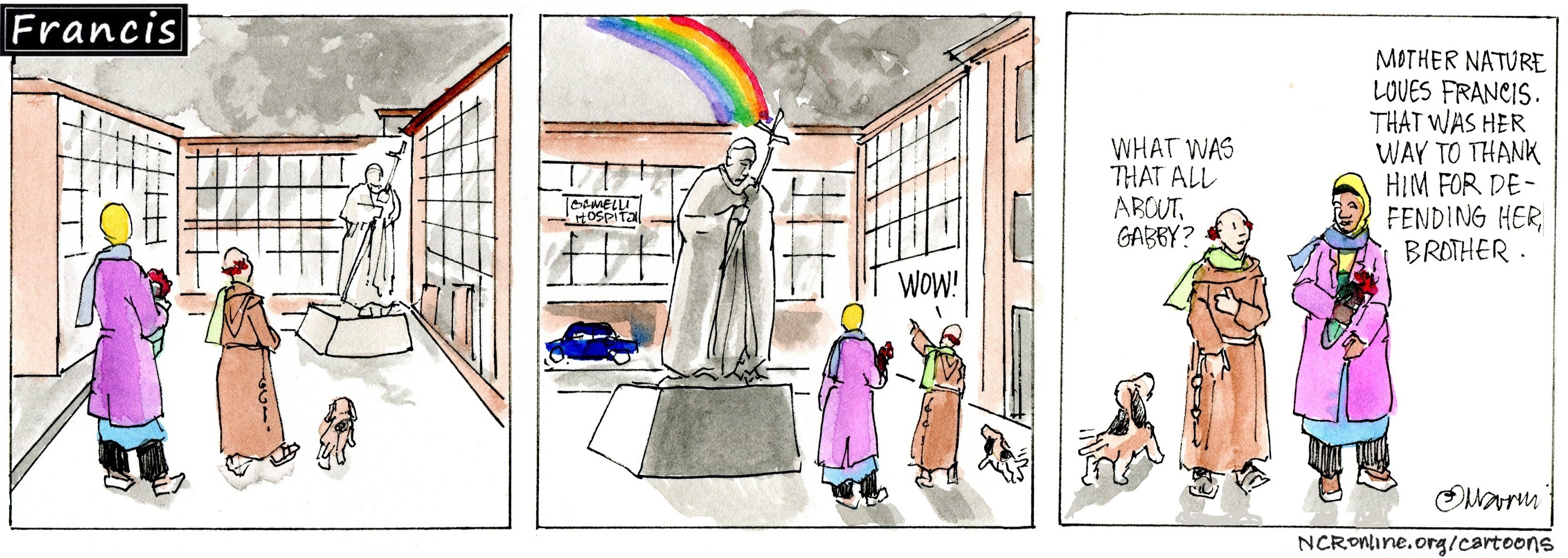 Francis, the comic strip: Mother Nature sends her love to Francis through the grey skies over Gemelli Hospital.