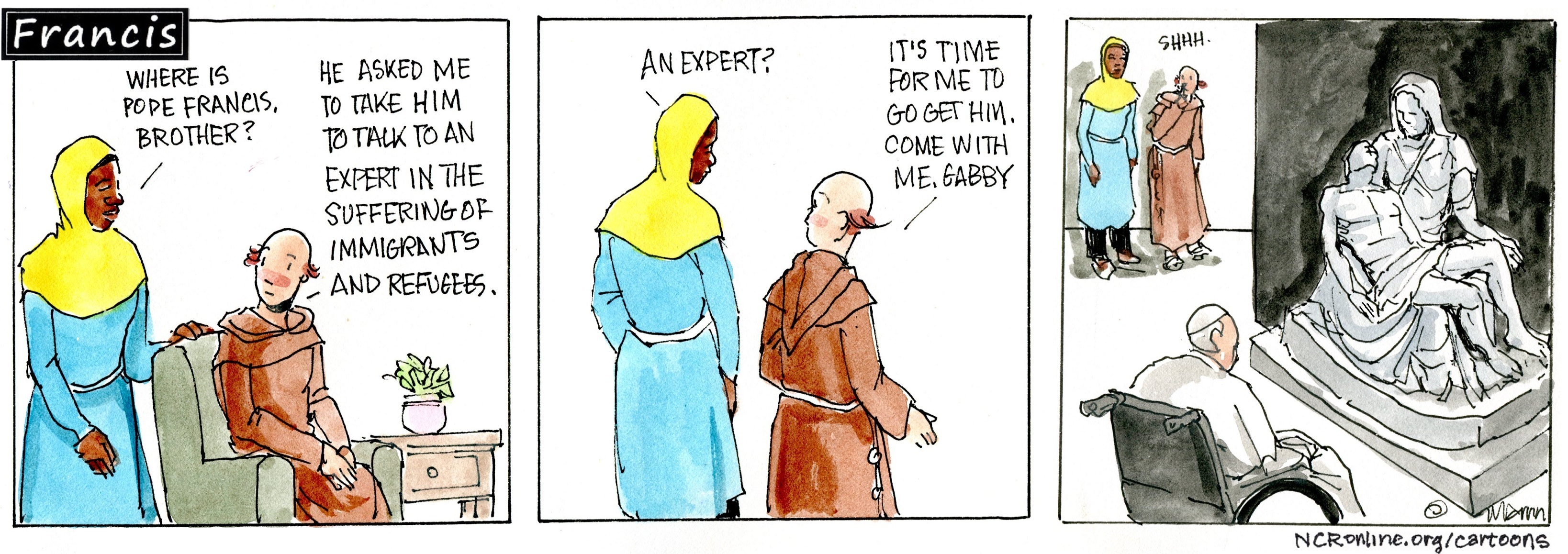 Francis, the comic strip: Francis seeks advice from an expert in the suffering of immigrants and refugees.