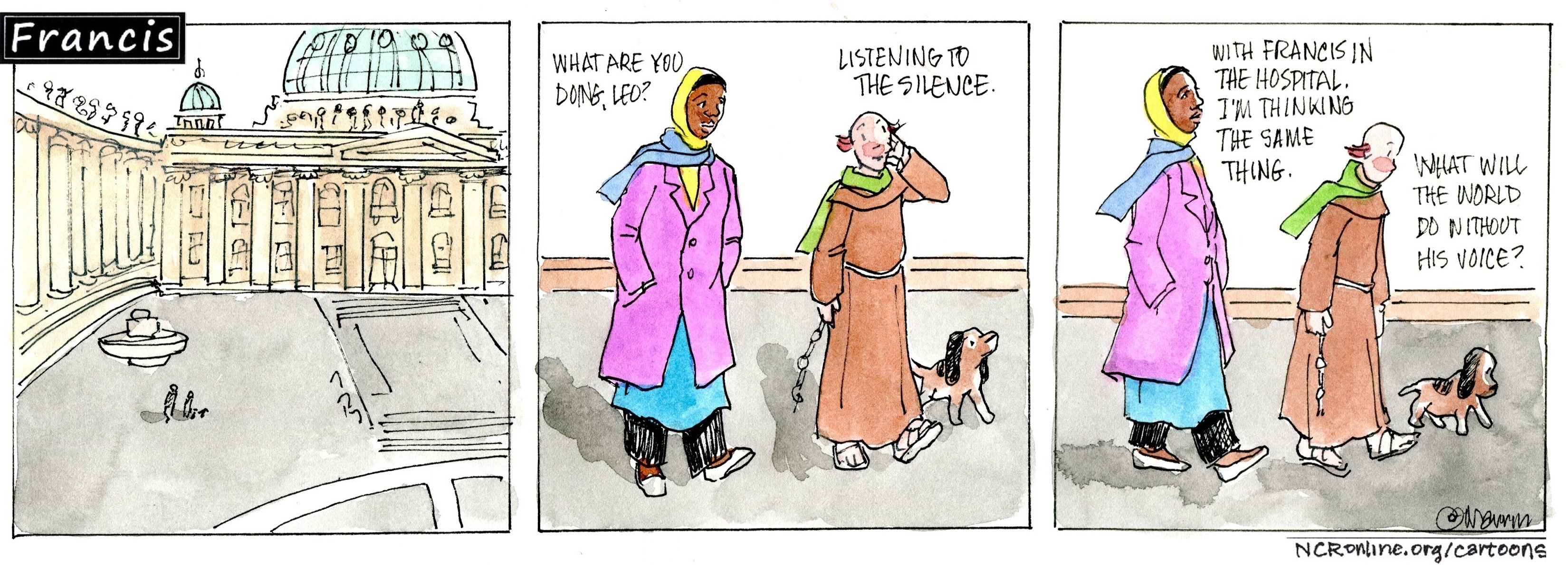 Francis, the comic strip: With Francis in the hospital, Leo listens to the silence.