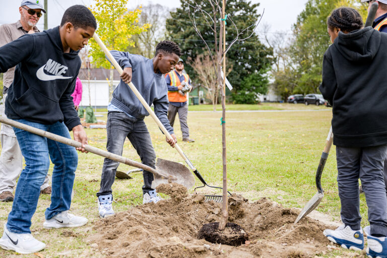 A group of young people shovel soil around base of newly planted tree. 