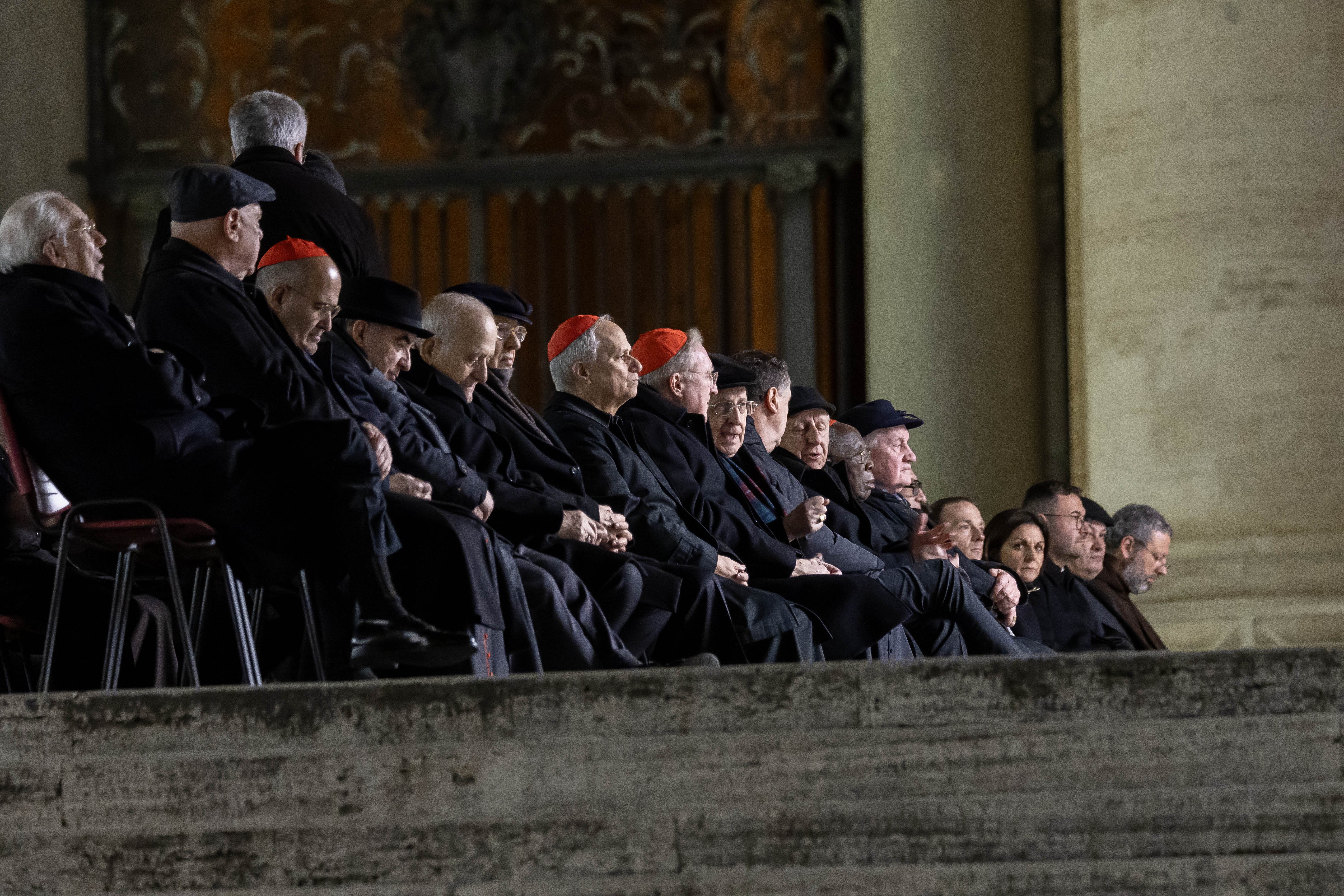  Cardinals living in Rome join Cardinal Víctor Manuel Fernández, prefect of the Dicastery for the Doctrine of the Faith, for the recitation of the rosary for Pope Francis in St. Peter’s Square at the Vatican Feb. 28, 2025. Pope Francis has been hospitalized since Feb. 14 with double pneumonia. (CNS photo/Pablo Esparza)