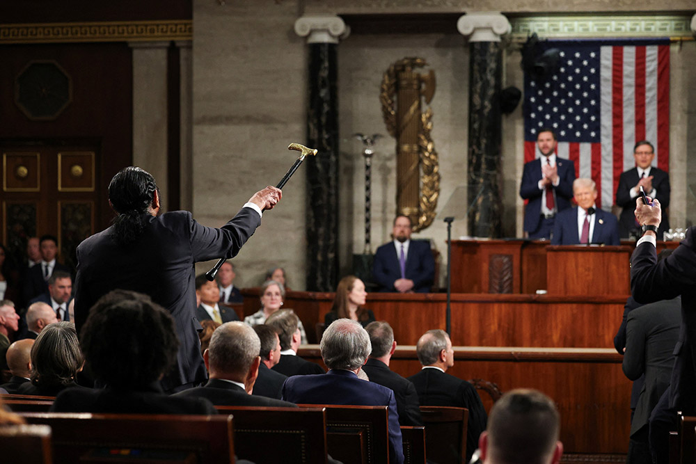 Rep. Al Green, D-Texas, gestures as U.S. President Donald Trump addresses a joint session of Congress at the U.S. Capitol in Washington March 4, 2025. (OSV News/Reuters/Win McNamee)