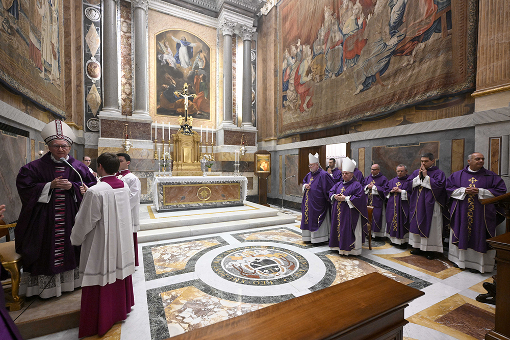 Cardinal Pietro Parolin, Vatican secretary of state, celebrates a Mass to pray for Pope Francis with ambassadors accredited to the Holy See in the Pauline Chapel of the Apostolic Palace at the Vatican March 14, 2025. Bishops and priests working in the Secretariat of State concelebrated. (CNS/Vatican Media)