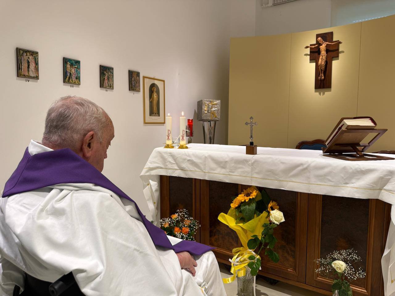 Pope Francis is seen in the chapel of his suite of rooms at Rome's Gemelli hospital March 16, 2025. The Vatican press office said the 88-year-old pope concelebrated Mass that morning. (CNS photo/Vatican Press Office