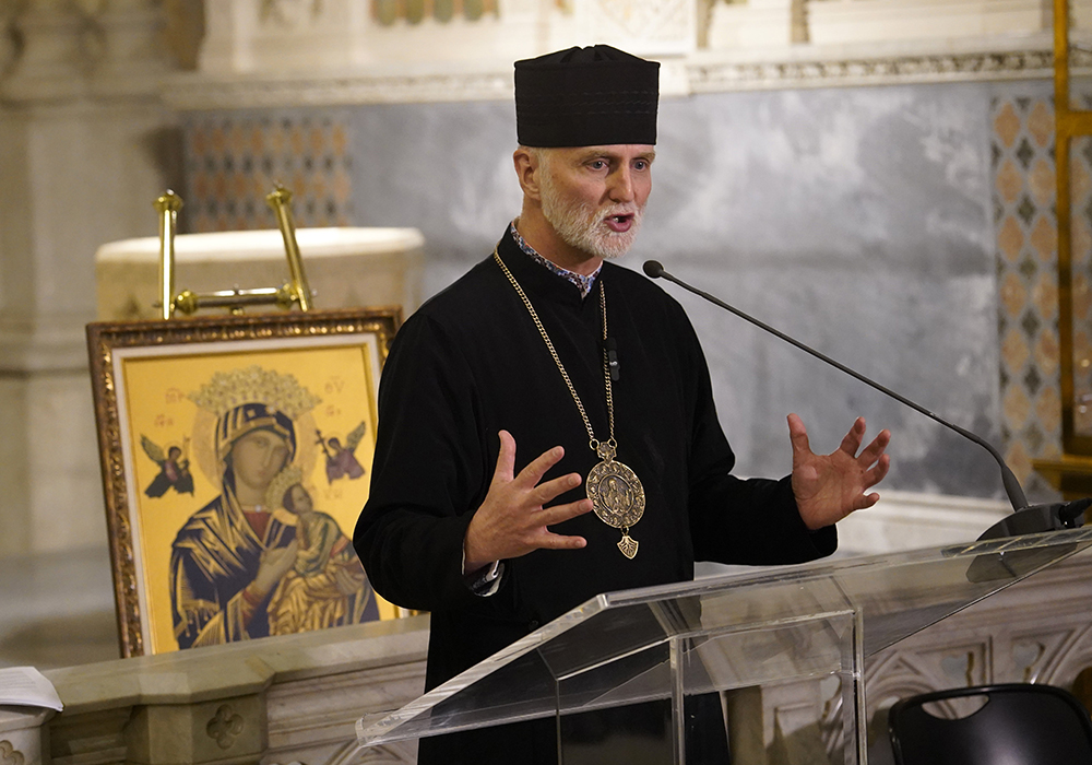 Archbishop Borys Gudziak of the Ukrainian Catholic Archeparchy of Philadelphia speaks during a news conference addressing the state of affairs in war-ravaged Ukraine, on March 24, 2022, at St. Patrick's Cathedral in New York City. (OSV News/Gregory A. Shemitz)