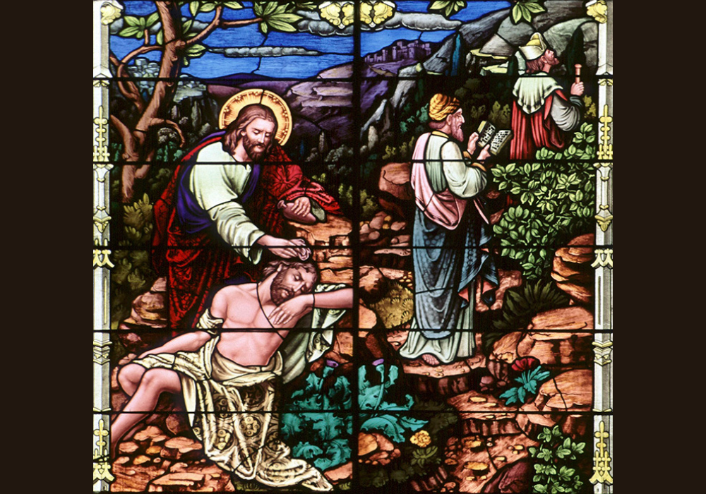 A stained-glass window at Sacred Heart Church in Freeport, Minnesota, depicts the good Samaritan. The 2,000-year-old parable of the good Samaritan is the anchor of the encyclical "Fratelli Tutti, on Fraternity and Social Friendship." (CNS/The Crosiers/Gene Plaisted)