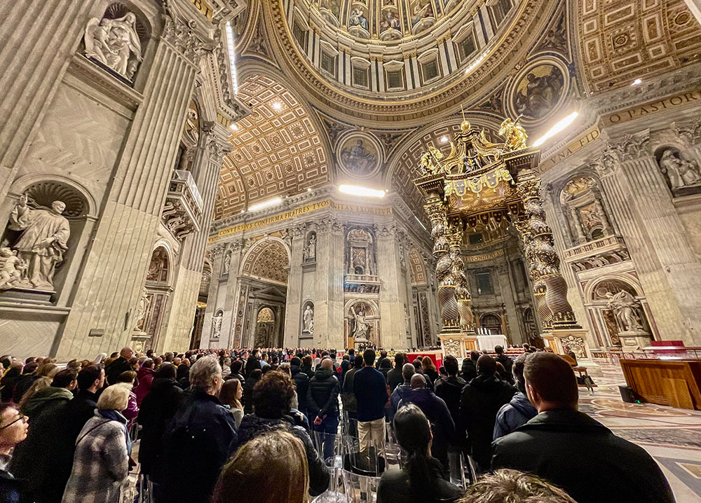 Catholics gather in St. Peter’s Basilica to pray the rosary for Pope Francis on the night of Saturday, March 1. (NCR photo/Camillo Barone)