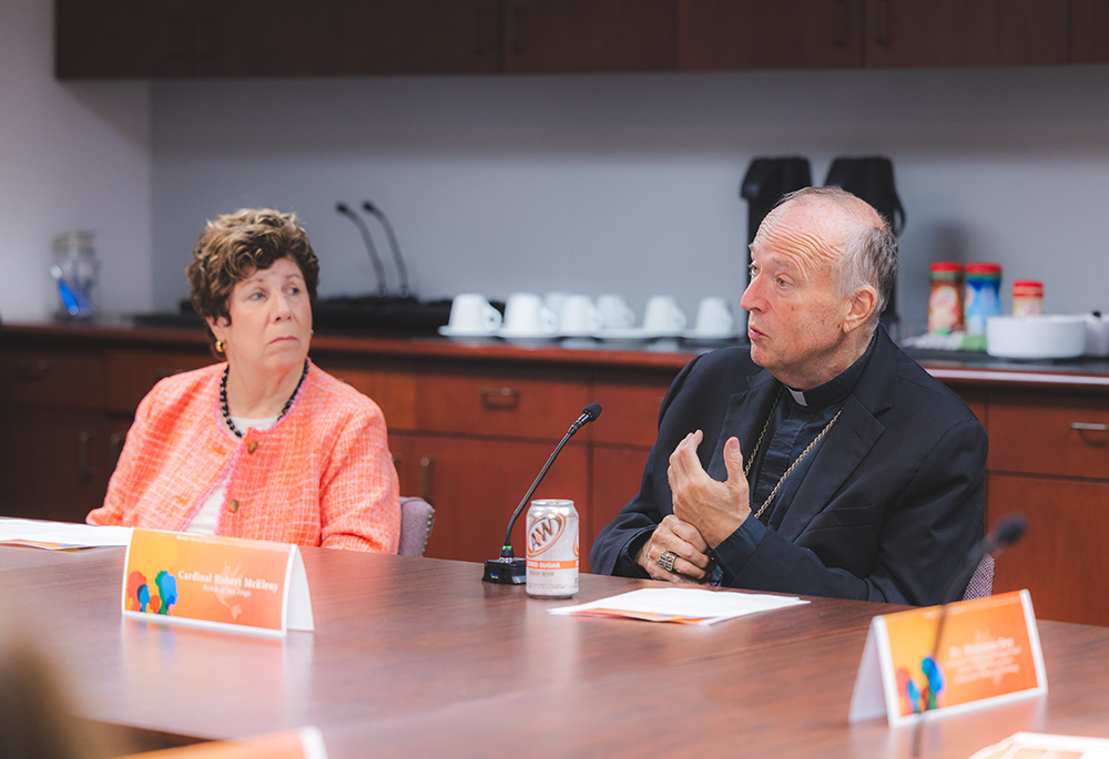 Mary Lyons and Cardinal Robert McElroy, formerly of the San Diego Diocese, meet as part of the diocese's Women's Advisory Committee. The committee conducted a survey of parishes, pastors and women in leadership. (Leonardo Enrique Fonseca)