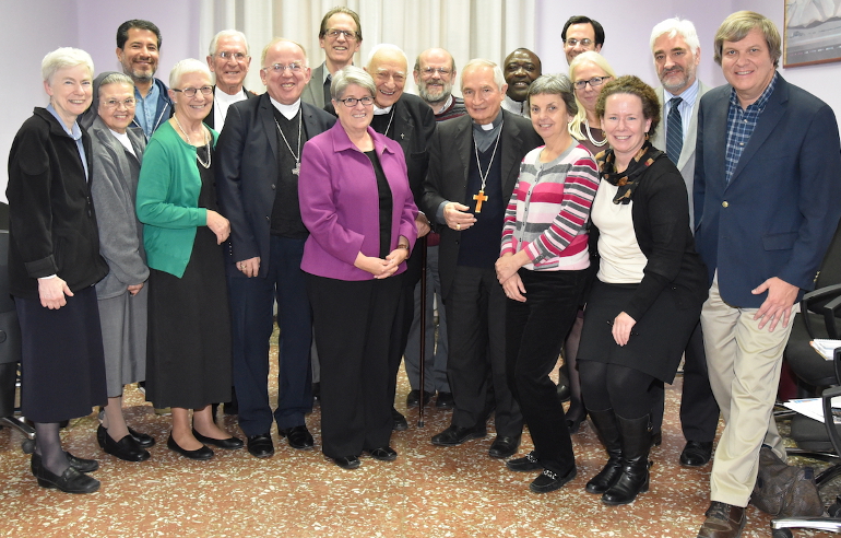 Left to right: Sheila Kinsey, Julia Arcinegas, Jose Henriquez, Marie Dennis, Bishop Kevin Dowling, Bishop Marc Stenger, Gerry Lee, Ann Scholz, Bishop Luigi Bettazzi, Renato Sacco, Archbishop Silvano Tomasi, Felix Mushobozi, Pat Gaffney, Eli McCarthy, Greet Vanaerschot, Judy Coode, Ken Butigan, John Dear. (Photo courtesy of Catholic Nonviolence Initiative/ Marilu Balbis)