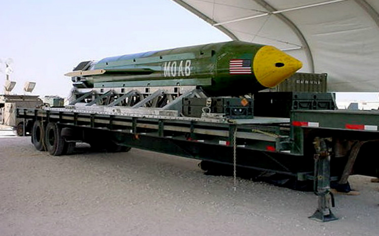 A Massive Ordnance Air Blast, also known as MOAB or Mother Of All Bombs, is pictured in this undated handout photo. Pope Francis told Italian students May 6 he was shocked when a massive U.S. bomb used in Afghanistan was referred to as "the mother of all bombs." (CNS photo/handout via Reuters)