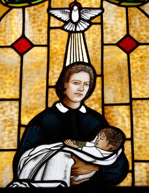 Venerable Henriette Delille, who founded the Sisters of the Holy Family in New Orleans in 1842, is depicted in a stained-glass window at St. Louis Cathedral in New Orleans. (CNS/Gregory A. Shemitz)