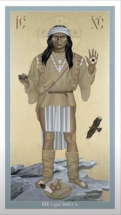 Apache Christ Icon depicted, vertical; Christ bears stigmata. 