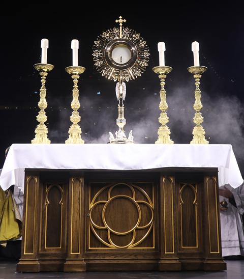 The monstrance is pictured during Eucharistic adoration at the July 18 second revival night of the National Eucharistic Congress at Lucas Oil Stadium in Indianapolis. (OSV News/Bob Roller)