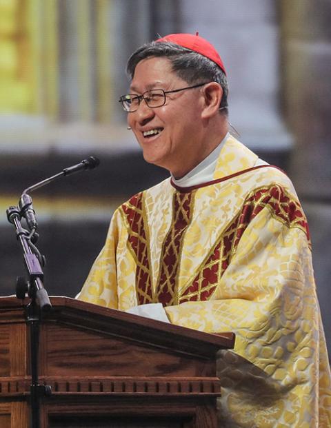 Cardinal Luis Tagle delivers the homily July 21 during the final Mass of the National Eucharistic Congress in Indianapolis. (OSV News/Bob Roller)