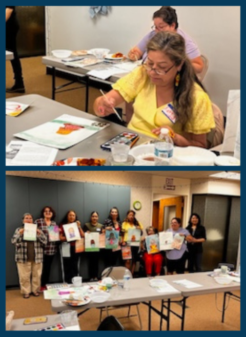 In the top image, Women Partnering clients paint at an art class provided by the nonprofit; below, clients present vision boards depicting long-term goals. (Courtesy of Women Partnering)