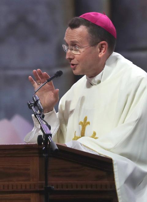 Bishop Andrew Cozzens of Crookston, Minnesota, chairman of the board of the National Eucharistic Congress Inc., speaks July 21, the final day of the National Eucharistic Congress at Lucas Oil Stadium in Indianapolis. (OSV News/Bob Roller)
