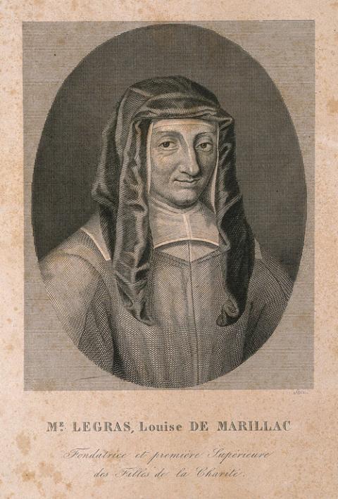 A yellow-toned line engraving portrait of Louise de Marillac Le Gras.
