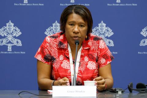 Grace Wrakia, a synod delegate from Papua New Guinea, speaks during a briefing about the assembly of the Synod of Bishops at the Vatican Oct. 11, 2023. (CNS/Lola Gomez)