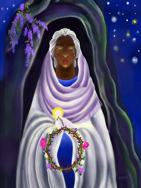 "Our Lady of Sorrows" represents Mary as an older Black woman in light-colored clothing, immersed in nocturnal landscapes. (Courtesy of Mickey McGrath)