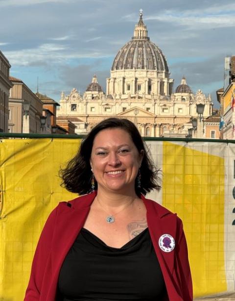 Rev. Angela Nevitt Meyer, of Roman Catholic Womenpriests-USA, poses near St. Peter's Basilica Oct. 2.