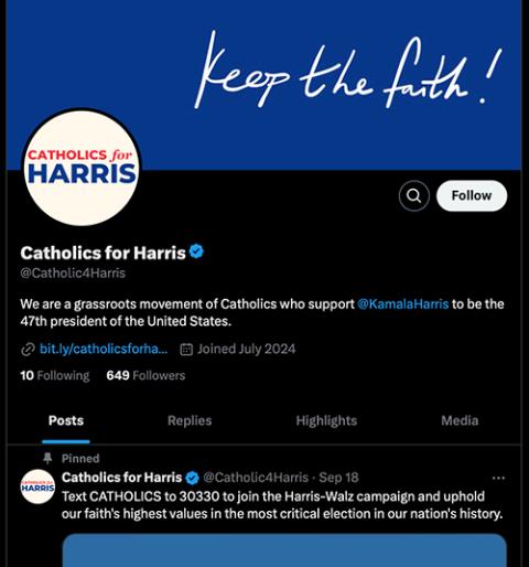 A screenshot of the Catholics for Harris account on X (NCR screenshot)