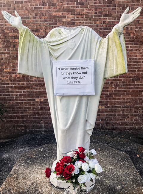 Following vandalism to a statue of Jesus during the overnight hours of Sept. 12-13, 2023, parishioners at Holy Savior Parish in Lockport, La., left a message of forgiveness for the unknown perpetrator, invoking Jesus' words from Luke 23:34. (OSV News/Holy Savior Parish/James Rome)