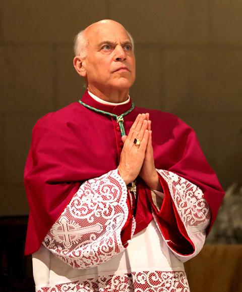 San Francisco Archbishop Salvatore Cordileone prays during solemn vespers and a Holy Hour at Mission Dolores Basilica, May 18 in San Francisco. The event launched the National Eucharistic Pilgrimage's western route. (OSV News/Bob Roller)