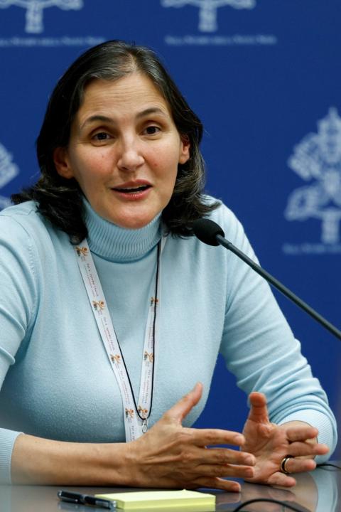 Sr. Gloria Liliana Franco, president of CLAR, in 2023 speaks during a briefing on the Synod of Bishops assembly at the Vatican. (CNS/Lola Gomez)