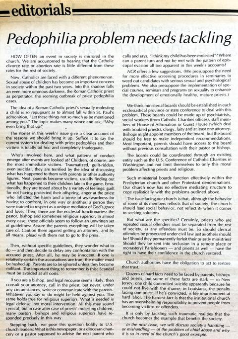 The National Catholic Reporter page with the editorial that ran on June 7, 1985, with the newspaper's original coverage of clerical sexual abuse of children (NCR photo/Toni-Ann Ortiz)