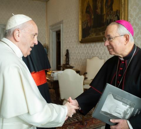 Pope Francis greets Los Angeles Archbishop José Gomez at the Vatican Jan. 27. (CNS/Vatican Media)