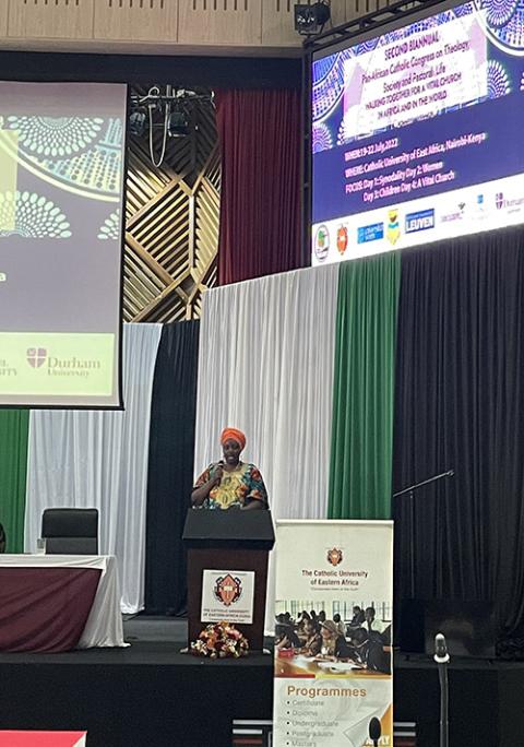 Precious Blood Sr. Mumbi Kigutha, organizing secretary of the Pan-African Catholic Congress on Theology, Society and Pastoral Life, speaks July 20 during the gathering in Nairobi, Kenya. (NCR photo/Christopher White)