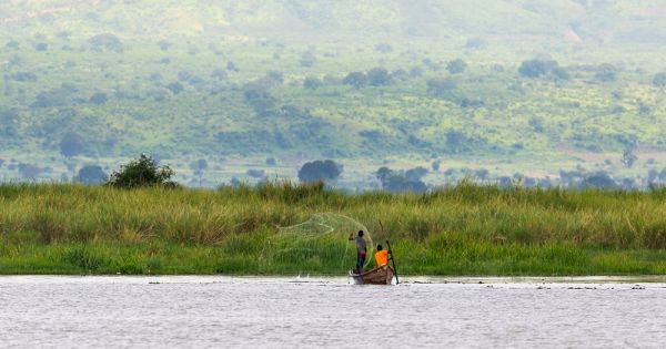 Fishermen preparing their boats for fishing, Uganda Stock Photo