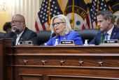 Rep. Liz Cheney, R-Wyoming, gives her opening remarks as Rep. Bennie Thompson, D-Mississippi, left, and Rep. Adam Kinzinger, R-Illinois, look on, as the U.S. House Select Committee on the January 6 Attack holds its first public hearing. (AP)