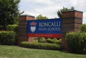 A sign for Roncalli High School in Indianapolis is seen July 23, 2020.