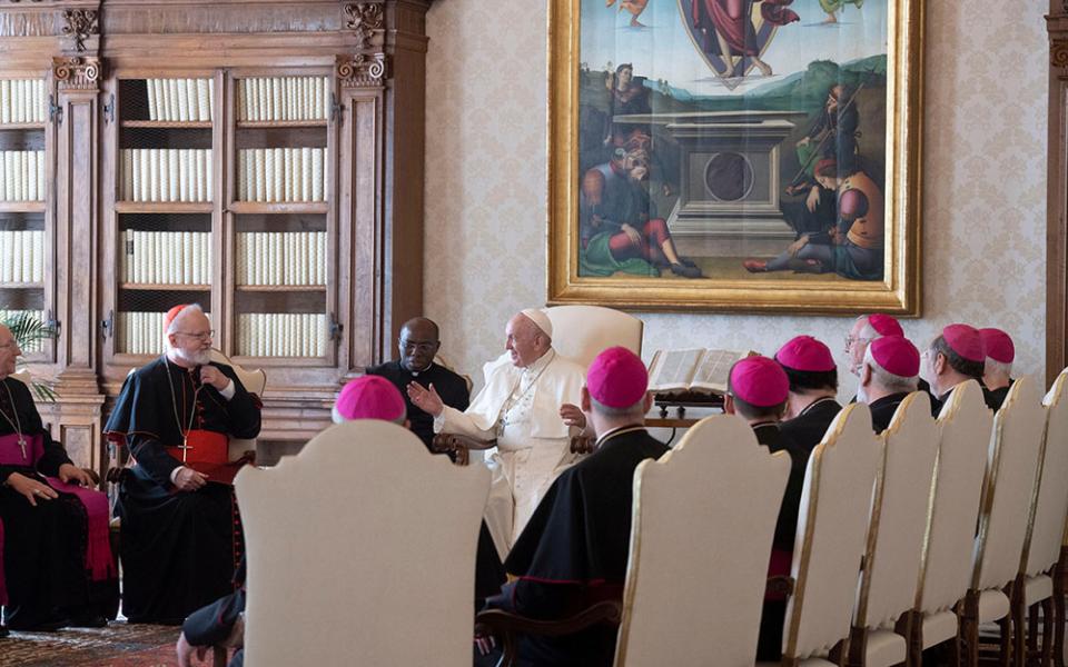 Pope Francis speaks to Boston Cardinal Sean O'Malley, second from left, alongside other U.S. bishops during their "ad limina" visits at the Vatican Nov. 7, 2019. (CNS/Vatican Media)