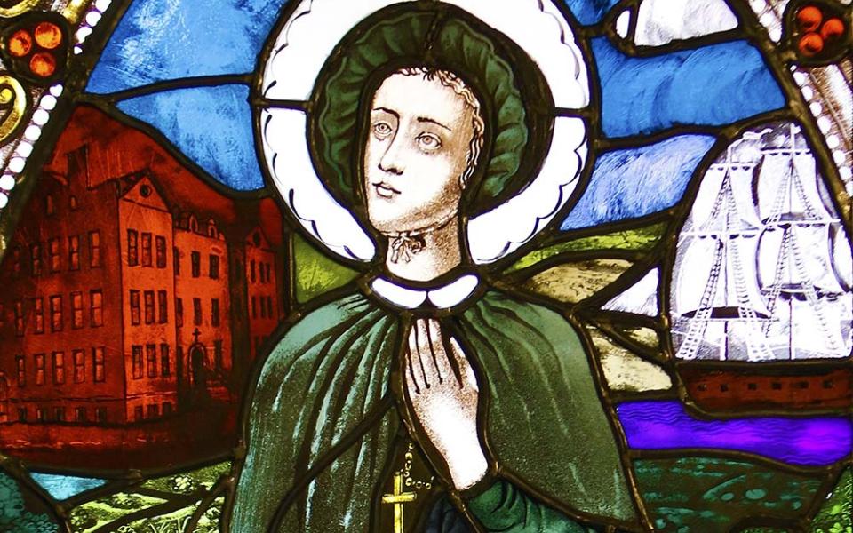 St. Elizabeth Ann Seton is depicted in a stained-glass window at the Basilica of St. Patrick's Old Cathedral in New York City. (CNS/Gregory A. Shemitz)